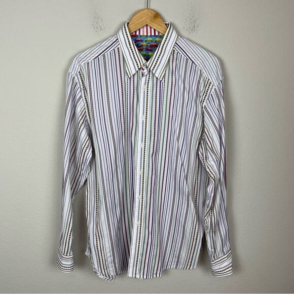 Robert Graham White Multi Color Stripe long Sleeve Shirt Flip Cuff XL - Picture 1 of 8